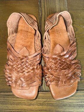 BED|STU Cognac Braided Leather Slide Sandals